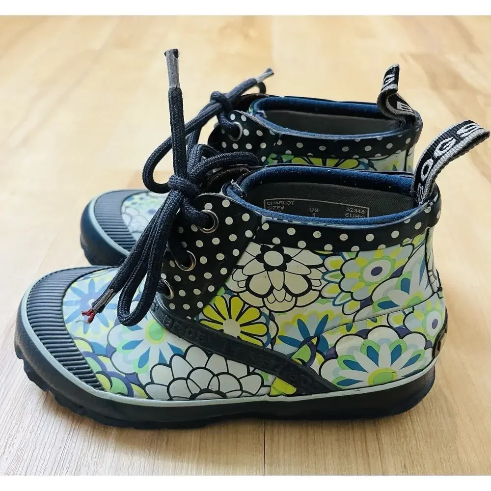 Bogs Charlot Rubber Boot Kids Size 1 Navy Floral. Green flowers. Rain GUC